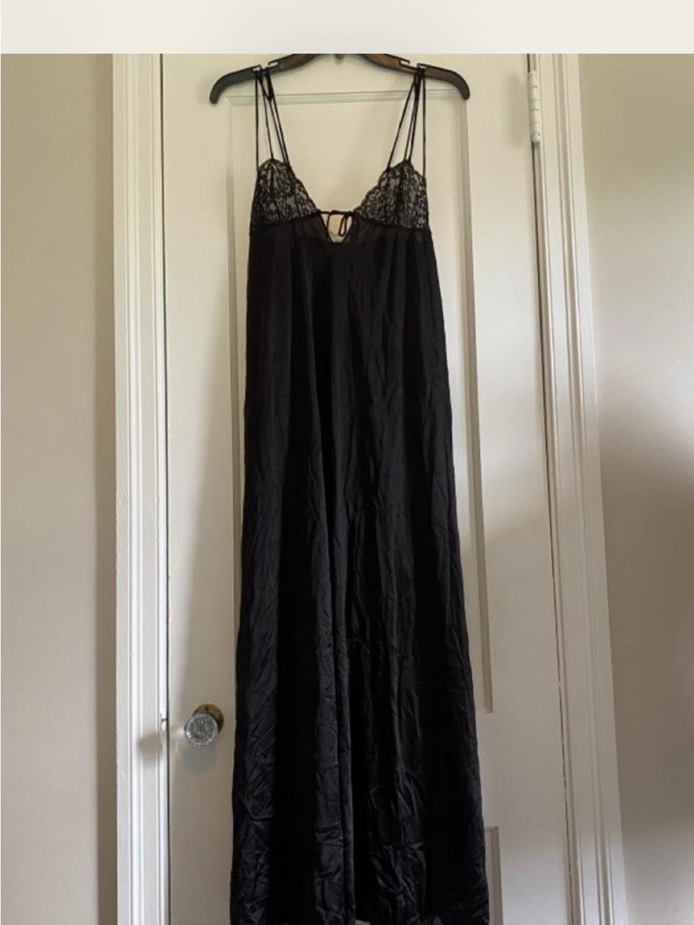 Black Lace-Trim Satin Slip Dress